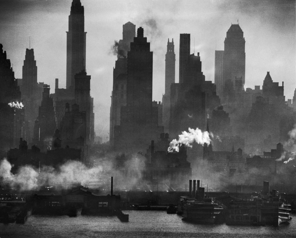 New York Harbor and midtown, looking straight down bustling 42nd Street, taken with the aid of a 40-inch Dallmeyer telephoto lens two miles away, from New Jersey, 1946.