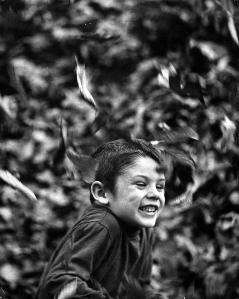 Ducking the falling leaves, Royal Heid endures a shower which he had tossed into the air.