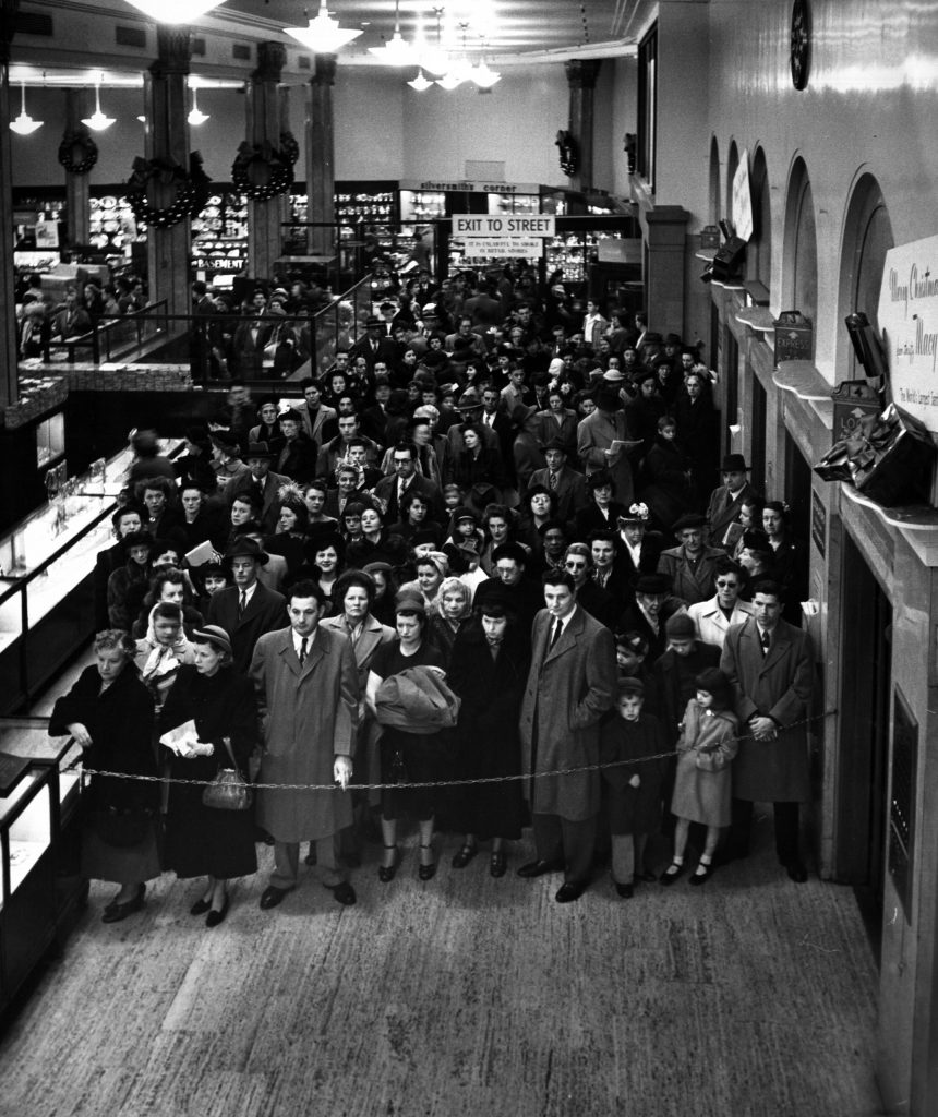 Macy's caters to customers during the biggest holiday shopping season, 1948.