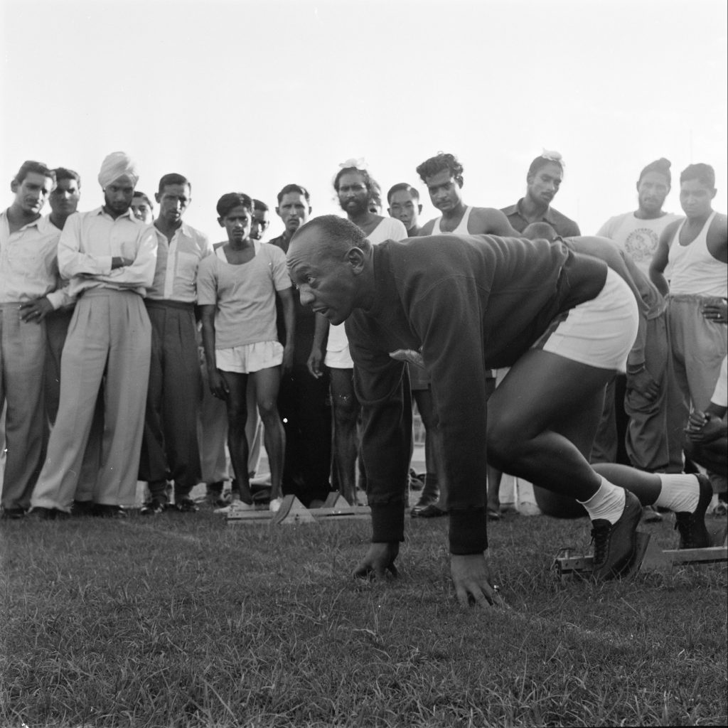 Track star Jesse Owens in India, 1955